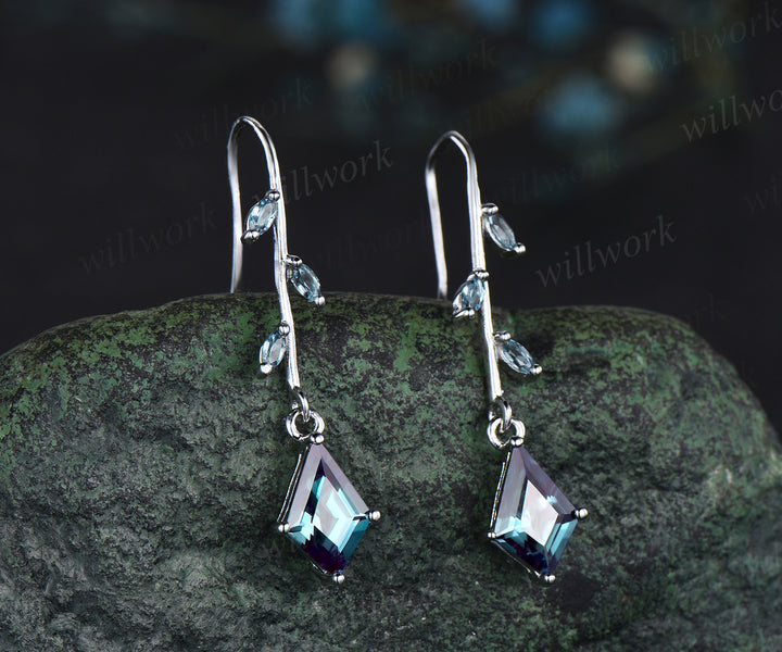 Kite Cut Alexandrite Drop Earrings whtie gold leaf marquise cut Alexandrite Dangle Earrings women