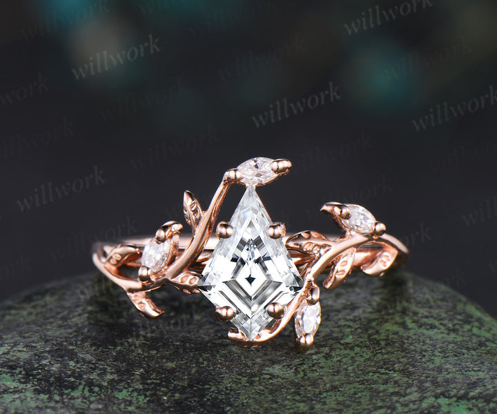 Vintage kite cut moissanite engagement ring 14k rose gold leaf nature inspired ring women unique cluster diamond promise wedding ring set