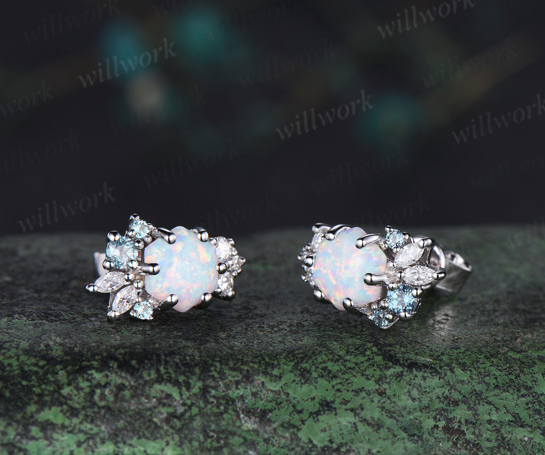 Hexagon opal earrings solid 14k 18k white gold cluster alexandrite moissanite stud earrings women anniversary gift jewelry