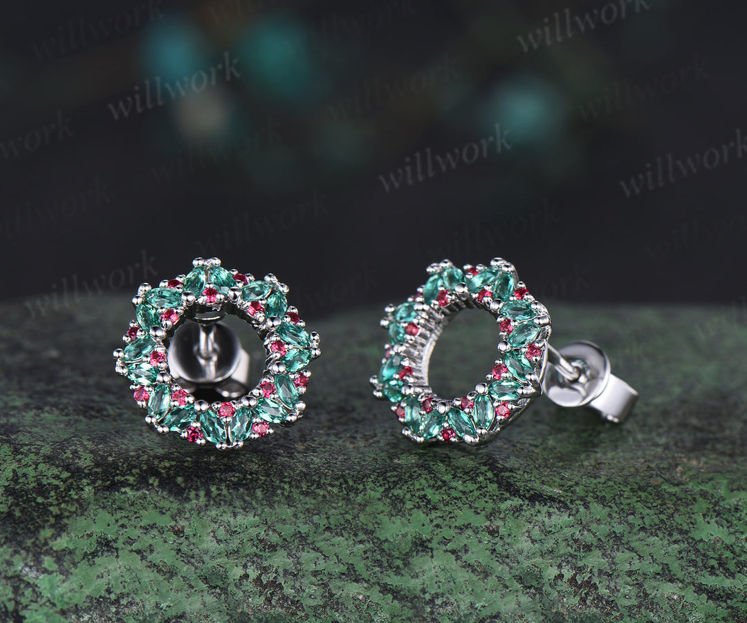 Wreath Marquise Emerald Necklace 14k White Gold Stud Ruby Pendant Christmas Gift For Her