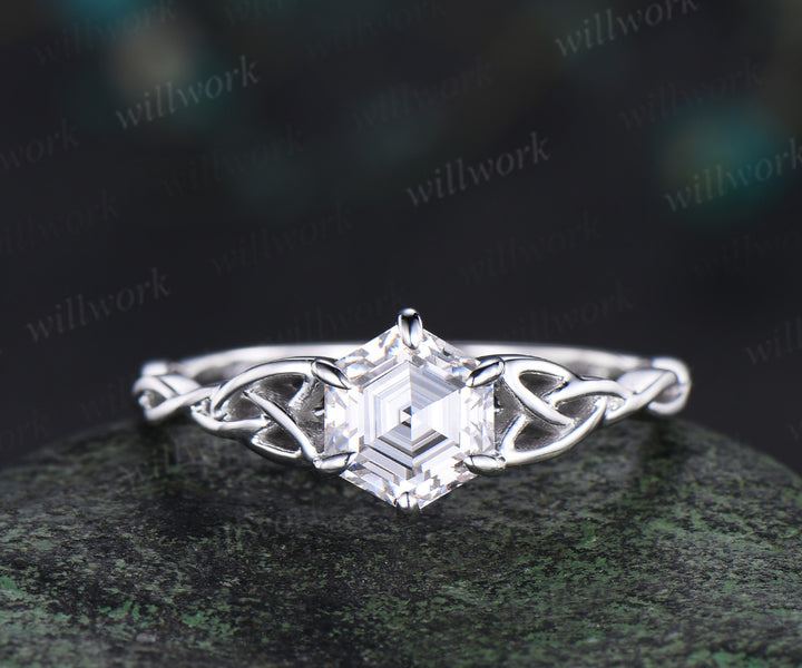 Hexagon cut moissanite ring vintage infinity Celtic knot engagement ring set solid 14k white gold promise ring women