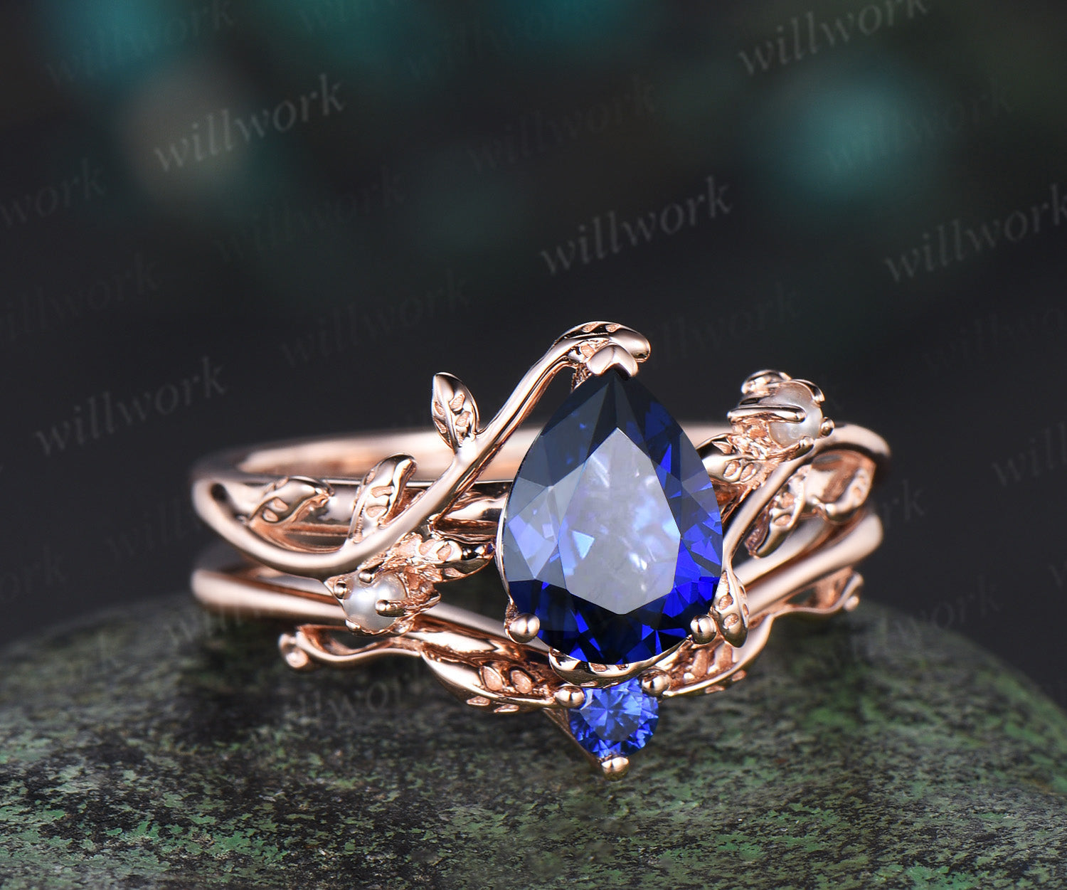 Pear newest Shaped Leaf Lapis lazuli Engagement Ring, 14k Rose Gold Branch Design Brida