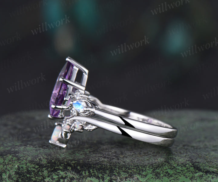 Kite cut purple amethyst engagement ring set women infinity moonstone leaf opal wedding ring band women white gold