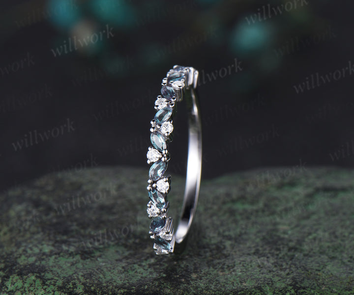 Marquise alexandrite ring for women vintage solid 14k white gold half eternity moissanite ring dainty wedding band bridal jewelry gifts