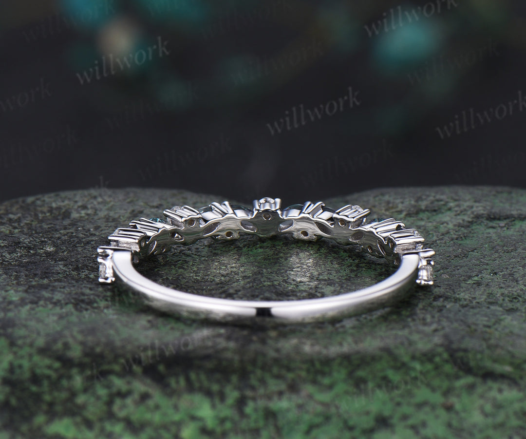 Marquise alexandrite ring for women vintage solid 14k white gold half eternity moissanite ring dainty wedding band bridal jewelry gifts