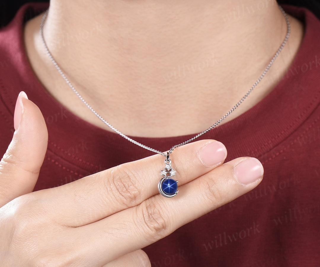 Vintage round blue star sapphire necklace white gold star moon unique diamond pendant women September birthstone anniversary gift