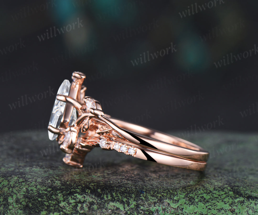 Vintage kite cut moissanite engagement ring 14k rose gold leaf nature inspired ring women unique cluster diamond promise wedding ring set
