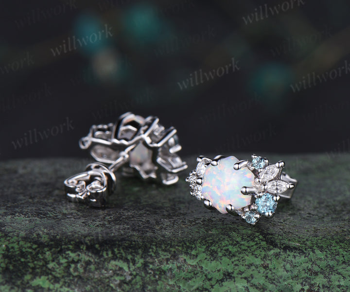 Hexagon opal earrings solid 14k 18k white gold cluster alexandrite moissanite stud earrings women anniversary gift jewelry