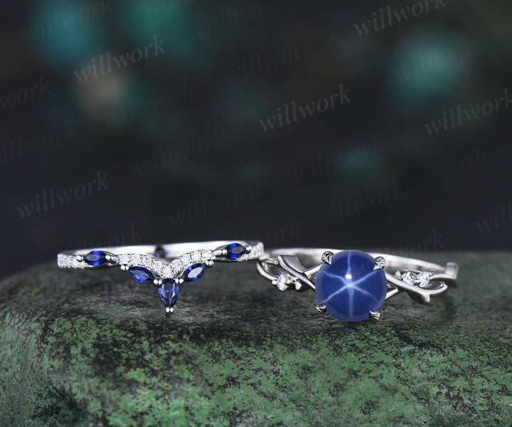 7mm Round Star Sapphire Engagement Ring Set Nature Inspired Branch Twig blue sapphire Wedding Set Unique Leaf anniversary promise ring