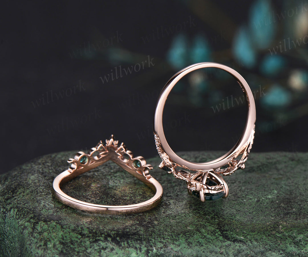 Unique Oval natural moss agate Engagement Ring Set emerald Moon Leaf Nature Inspired Ring Art Deco 2pcs wedding Ring Set Women