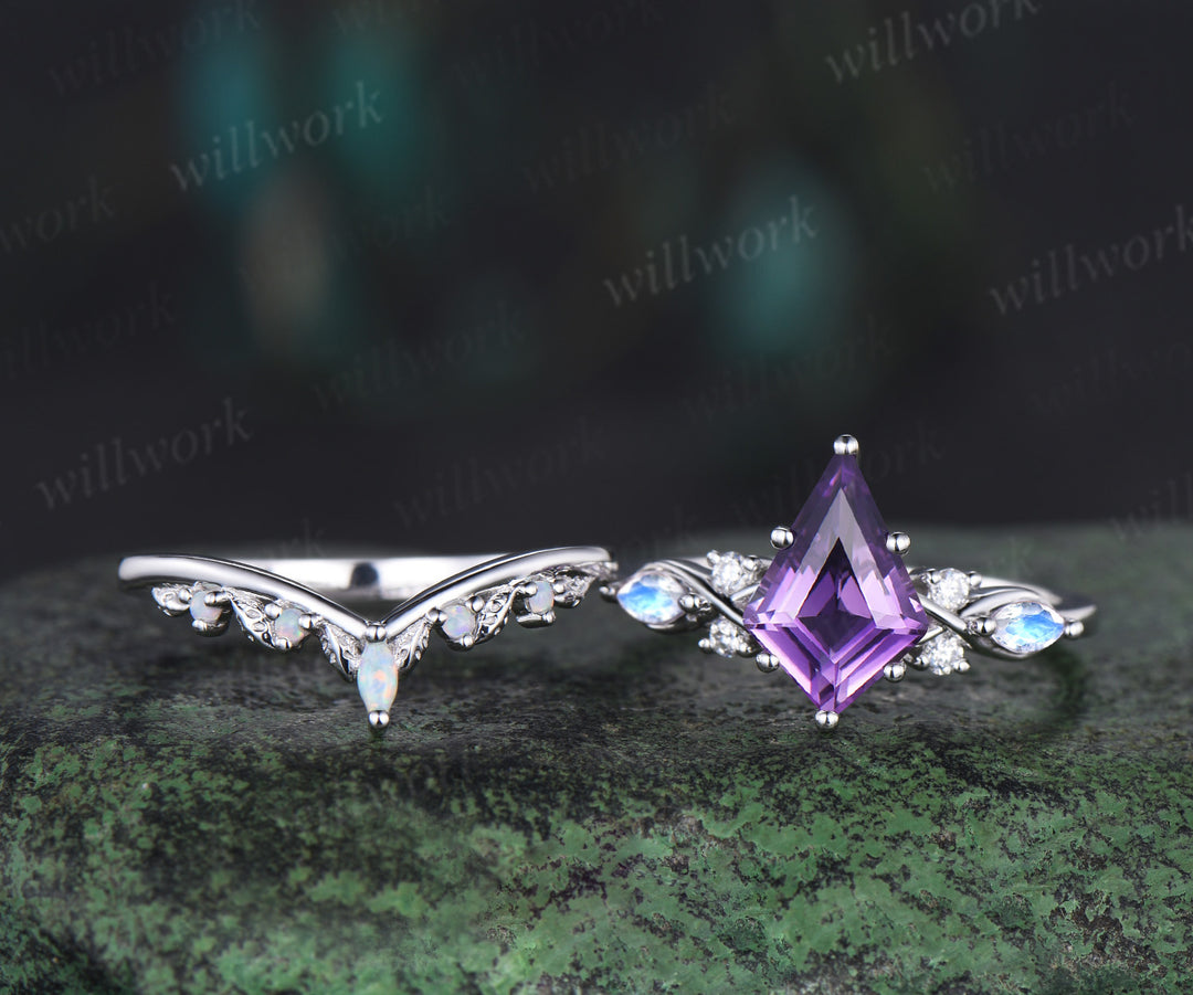 Kite cut purple amethyst engagement ring set women infinity moonstone leaf opal wedding ring band women white gold