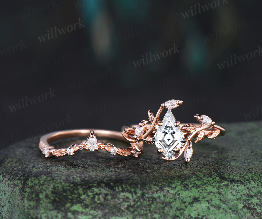 Vintage kite cut moissanite engagement ring 14k rose gold leaf nature inspired ring women unique cluster diamond promise wedding ring set