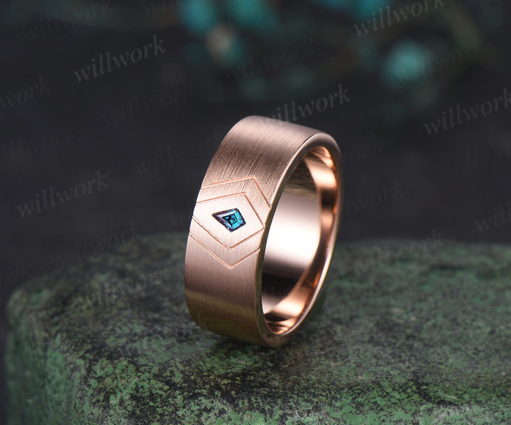 Kite Cut Alexandrite Men Wedding Band 14K Rose Gold 8mm Men Engagement Ring Brushed Finished Band Mens Stacking Band Fiancé Promise Ring