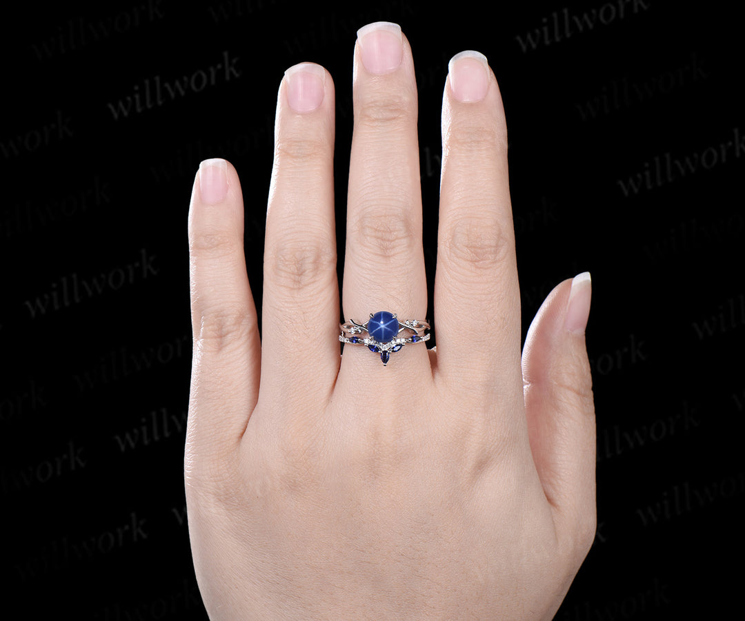 7mm Round Star Sapphire Engagement Ring Set Nature Inspired Branch Twig blue sapphire Wedding Set Unique Leaf anniversary promise ring