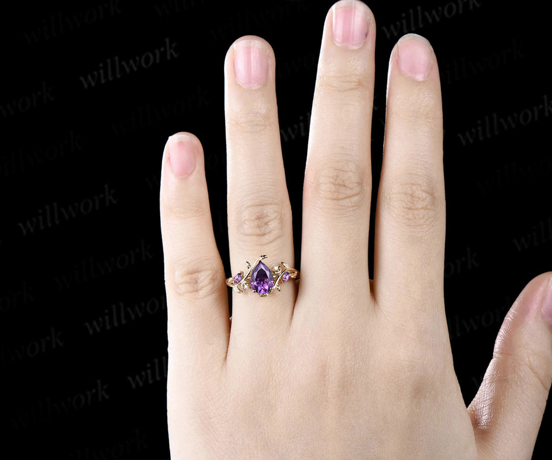 Pear Purple Amethyst Engagement Ring Nature Inspired Branch Leaf Moon Sold Gold Wedding Ring Set