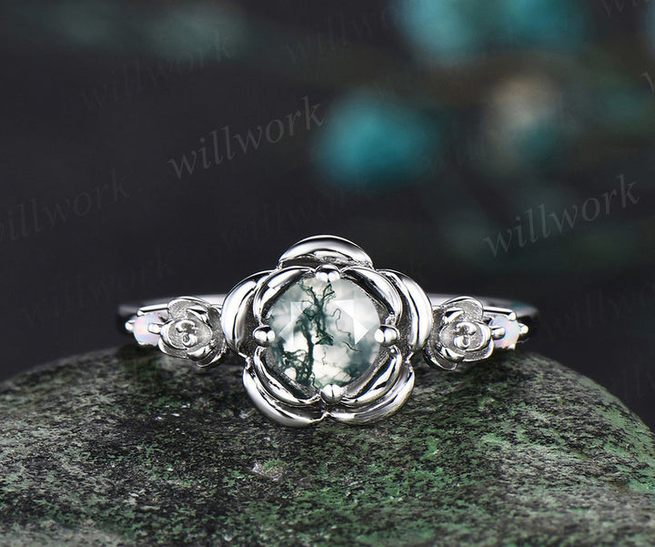 Round cut moss agate engagement ring white gold flower floral three stone opal ring vintage wedding ring women jewelry