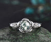 Round cut moss agate engagement ring white gold flower floral three stone opal ring vintage wedding ring women jewelry