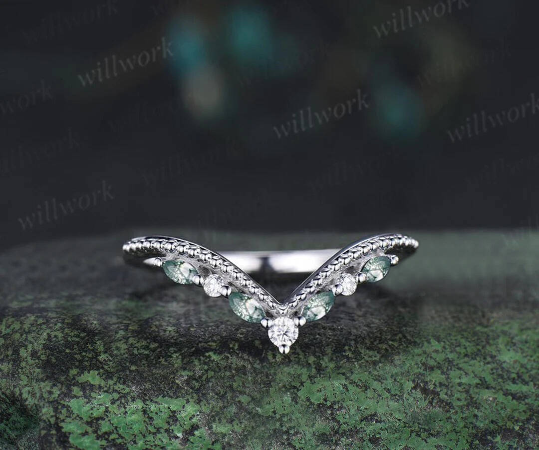 Oval moss agate engagement ring set 14k white gold kite princess halo unique promise wedding ring set retro green gemstone ring silver