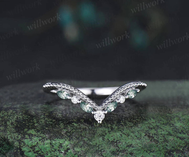 Oval moss agate engagement ring set 14k white gold kite princess halo unique promise wedding ring set retro green gemstone ring silver