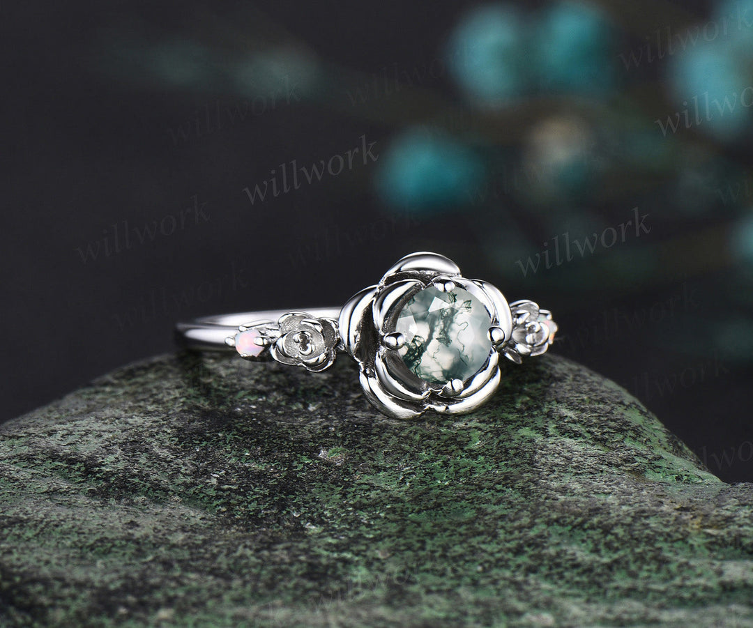 Round cut moss agate engagement ring white gold flower floral three stone opal ring vintage wedding ring women jewelry