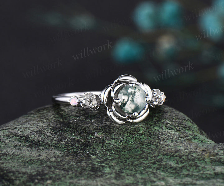 Round cut moss agate engagement ring white gold flower floral three stone opal ring vintage wedding ring women jewelry