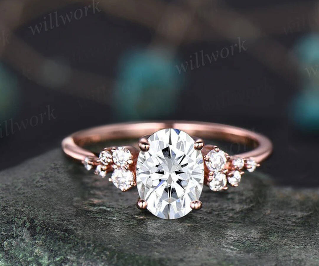 Oval IGI lab-grown diamond engagement ring set rose gold vintage cluster snowdrift diamond-accented art deco ring for women bridal ring set