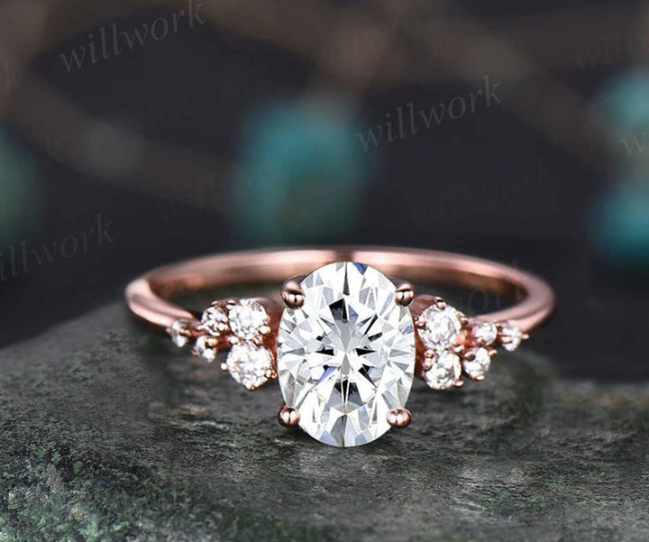 Oval IGI lab-grown diamond engagement ring set rose gold vintage cluster snowdrift diamond-accented art deco ring for women bridal ring set