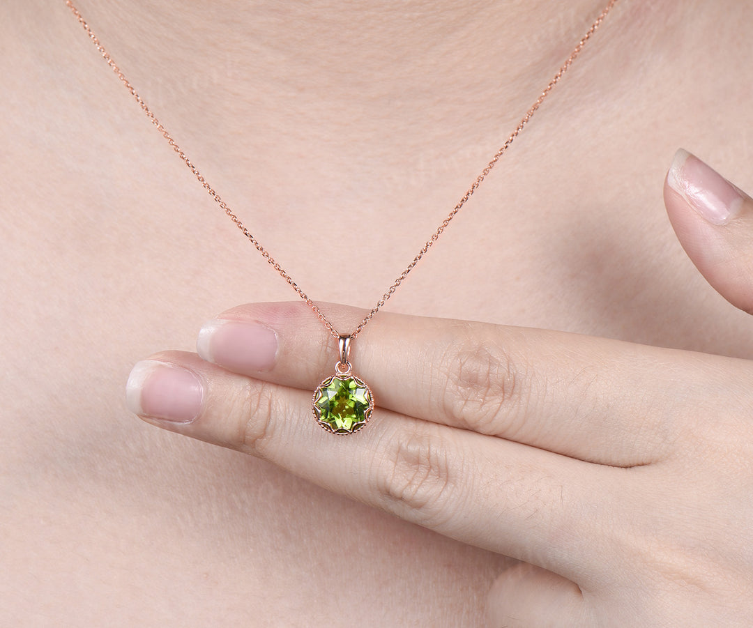 3ct Round Cut Peridot Necklace Milgrain Lace Pendant Art Deco 14k Rose Gold Solitaire August Birthstone Necklace Jewelry
