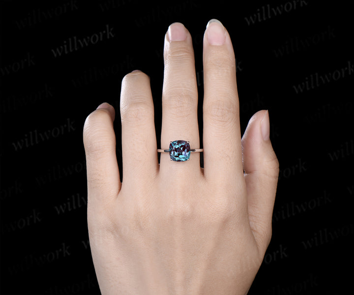 Alexandrite engagement ring solitaire minimalist 9mm cushion cut color change gemstone ring
