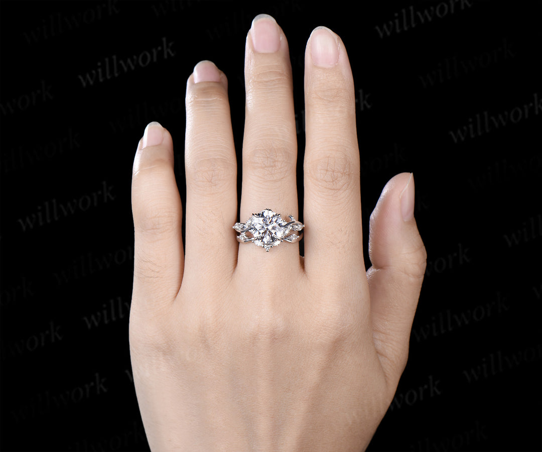 9mm round cut IGI lab grown diamond engagement ring set nature inspired leaf twig diamond bridal set gifts for women