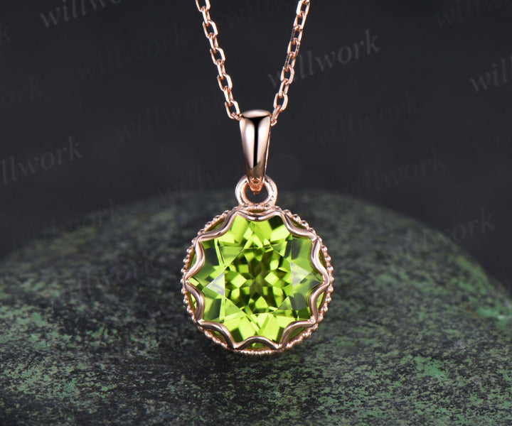 3ct Round Cut Peridot Necklace Milgrain Lace Pendant Art Deco 14k Rose Gold Solitaire August Birthstone Necklace Jewelry