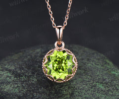 3ct Round Cut Peridot Necklace Milgrain Lace Pendant Art Deco 14k Rose Gold Solitaire August Birthstone Necklace Jewelry