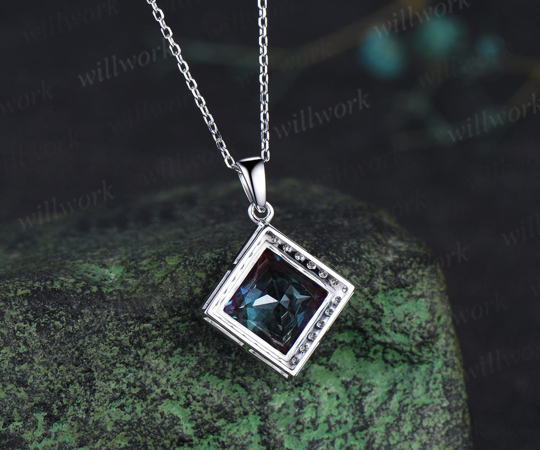 Princess cut alexandrite pendant necklace unique diamond halo color-change gemstone necklace for women