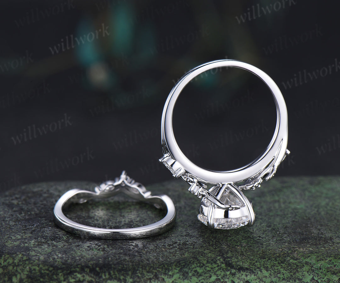 9mm round cut IGI lab grown diamond engagement ring set nature inspired leaf twig diamond bridal set gifts for women