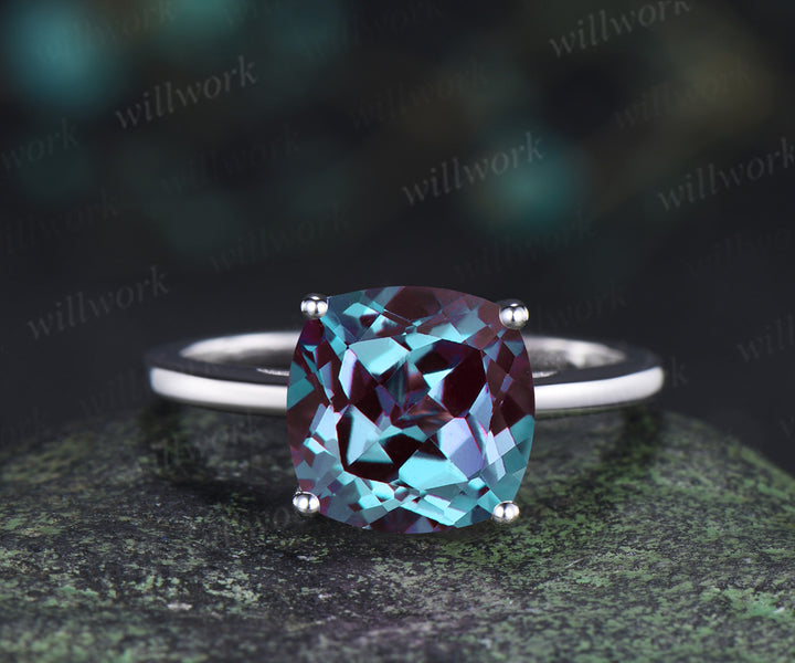 Alexandrite engagement ring solitaire minimalist 9mm cushion cut color change gemstone ring