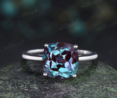 Alexandrite engagement ring solitaire minimalist 9mm cushion cut color change gemstone ring