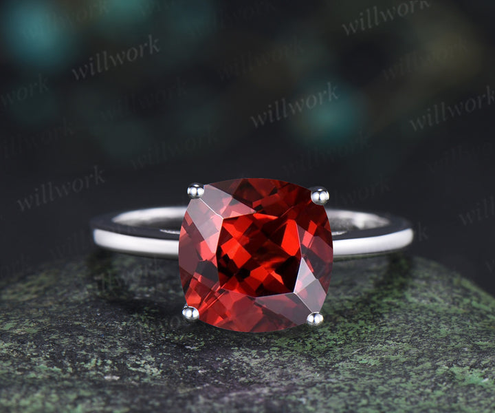 9mm cushion cut garnet engagement ring solitaire January birthstone ring personalized jewelry