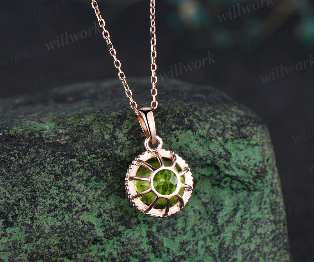 3ct Round Cut Peridot Necklace Milgrain Lace Pendant Art Deco 14k Rose Gold Solitaire August Birthstone Necklace Jewelry