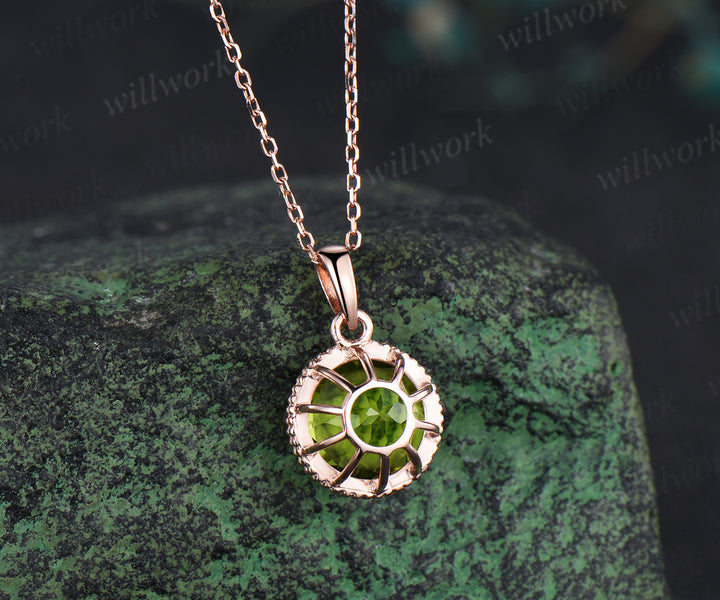 3ct Round Cut Peridot Necklace Milgrain Lace Pendant Art Deco 14k Rose Gold Solitaire August Birthstone Necklace Jewelry