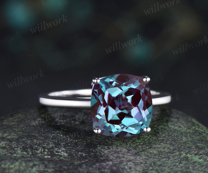 Alexandrite engagement ring solitaire minimalist 9mm cushion cut color change gemstone ring