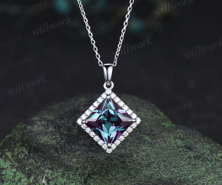 Princess cut alexandrite pendant necklace unique diamond halo color-change gemstone necklace for women