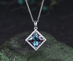Princess cut alexandrite pendant necklace unique diamond halo color-change gemstone necklace for women