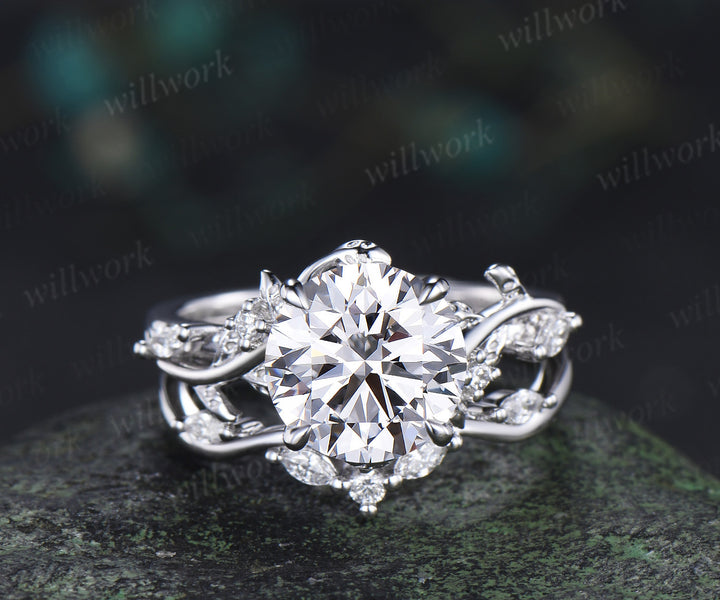 9mm round cut IGI lab grown diamond engagement ring set nature inspired leaf twig diamond bridal set gifts for women
