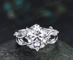 9mm round cut IGI lab grown diamond engagement ring set nature inspired leaf twig diamond bridal set gifts for women