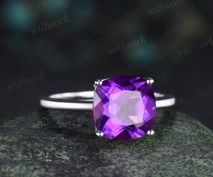 9mm cushion cut amethyst engagement ring solitaire purple gemstone ring