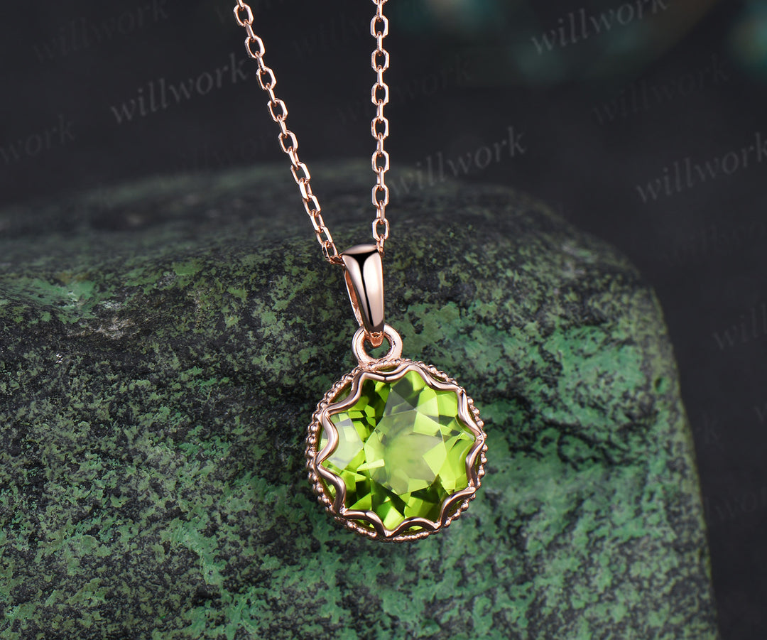 3ct Round Cut Peridot Necklace Milgrain Lace Pendant Art Deco 14k Rose Gold Solitaire August Birthstone Necklace Jewelry
