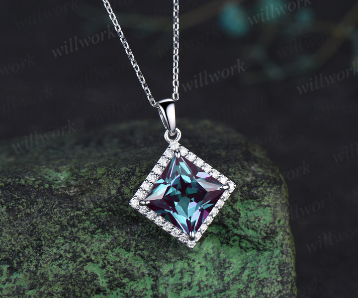 Princess cut alexandrite pendant necklace unique diamond halo color-change gemstone necklace for women