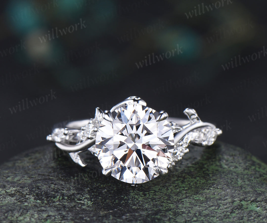9mm round cut IGI lab grown diamond engagement ring set nature inspired leaf twig diamond bridal set gifts for women