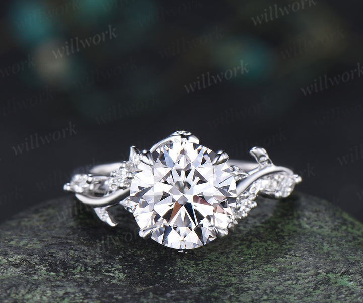 9mm round cut IGI lab grown diamond engagement ring set nature inspired leaf twig diamond bridal set gifts for women