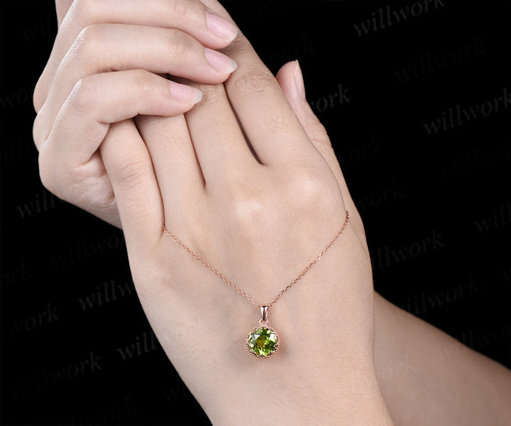 3ct Round Cut Peridot Necklace Milgrain Lace Pendant Art Deco 14k Rose Gold Solitaire August Birthstone Necklace Jewelry